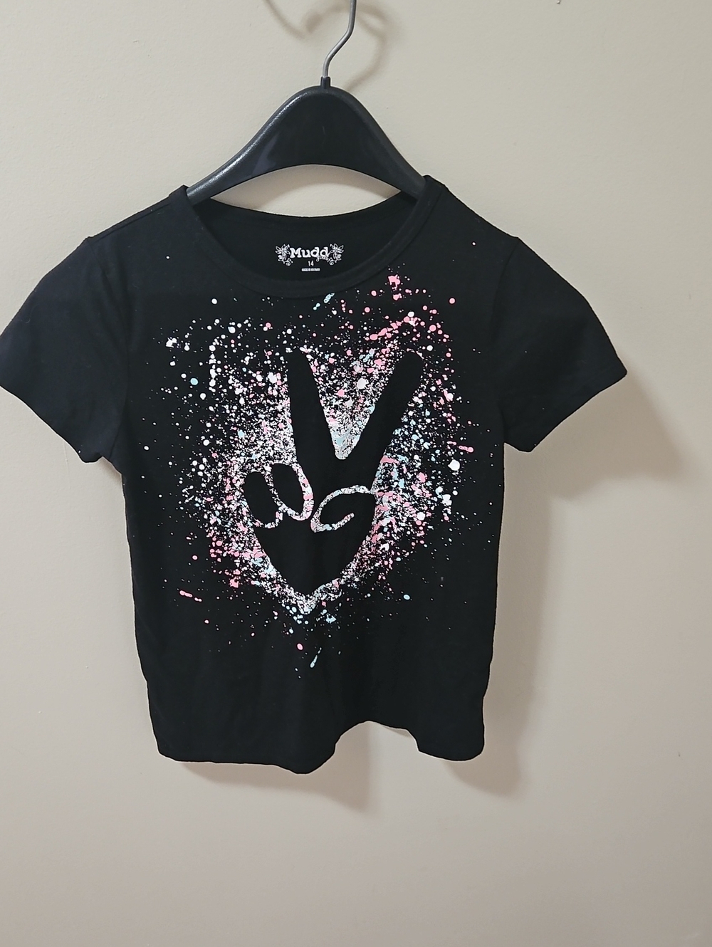 Mudd Black Graphic Tee with Pink & White Splatter